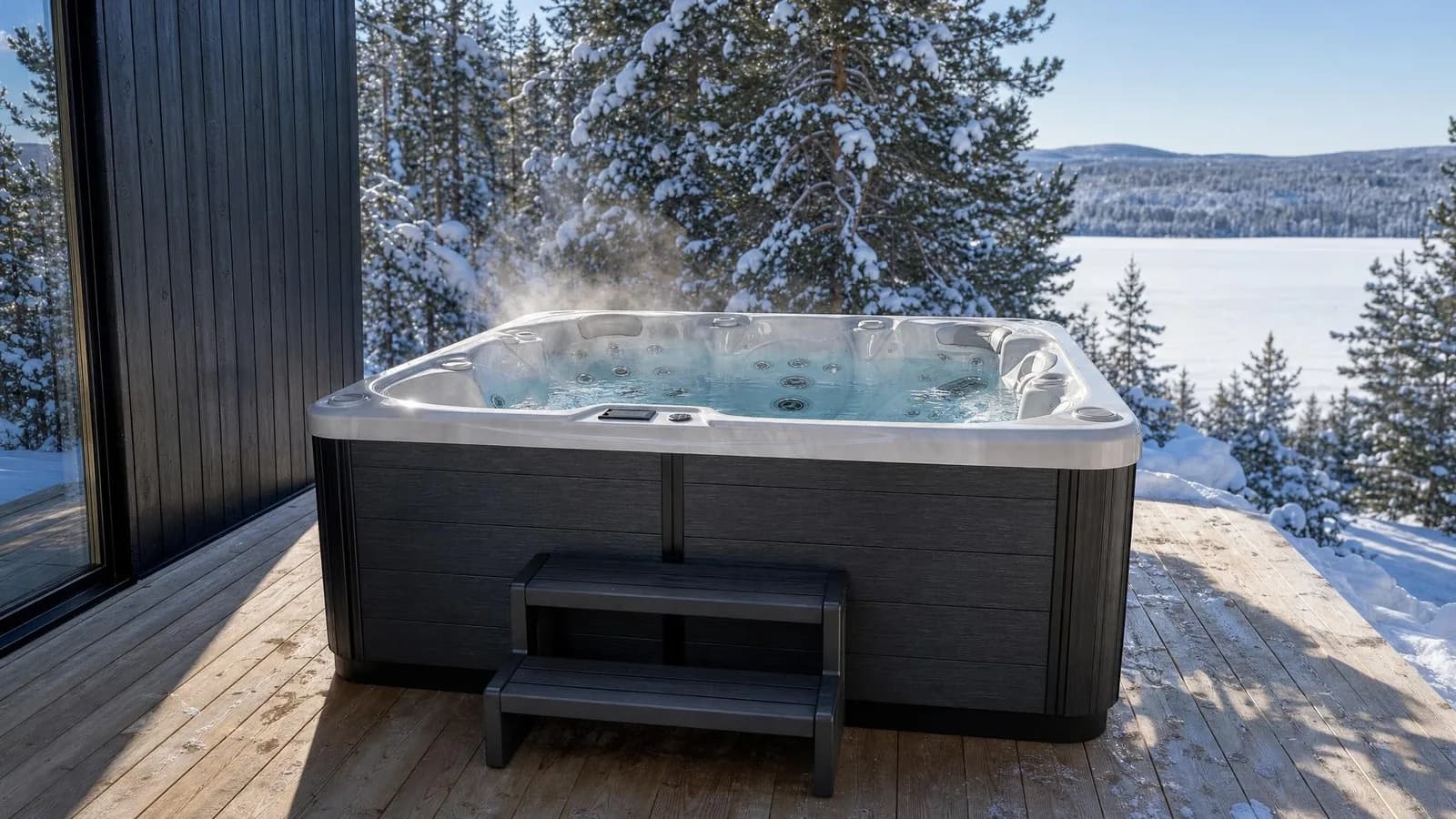 Spa North Wave Søvik sur la terrasse d'une cabane nordique en bois noir, sapins enneigés et lac gelé au soleil