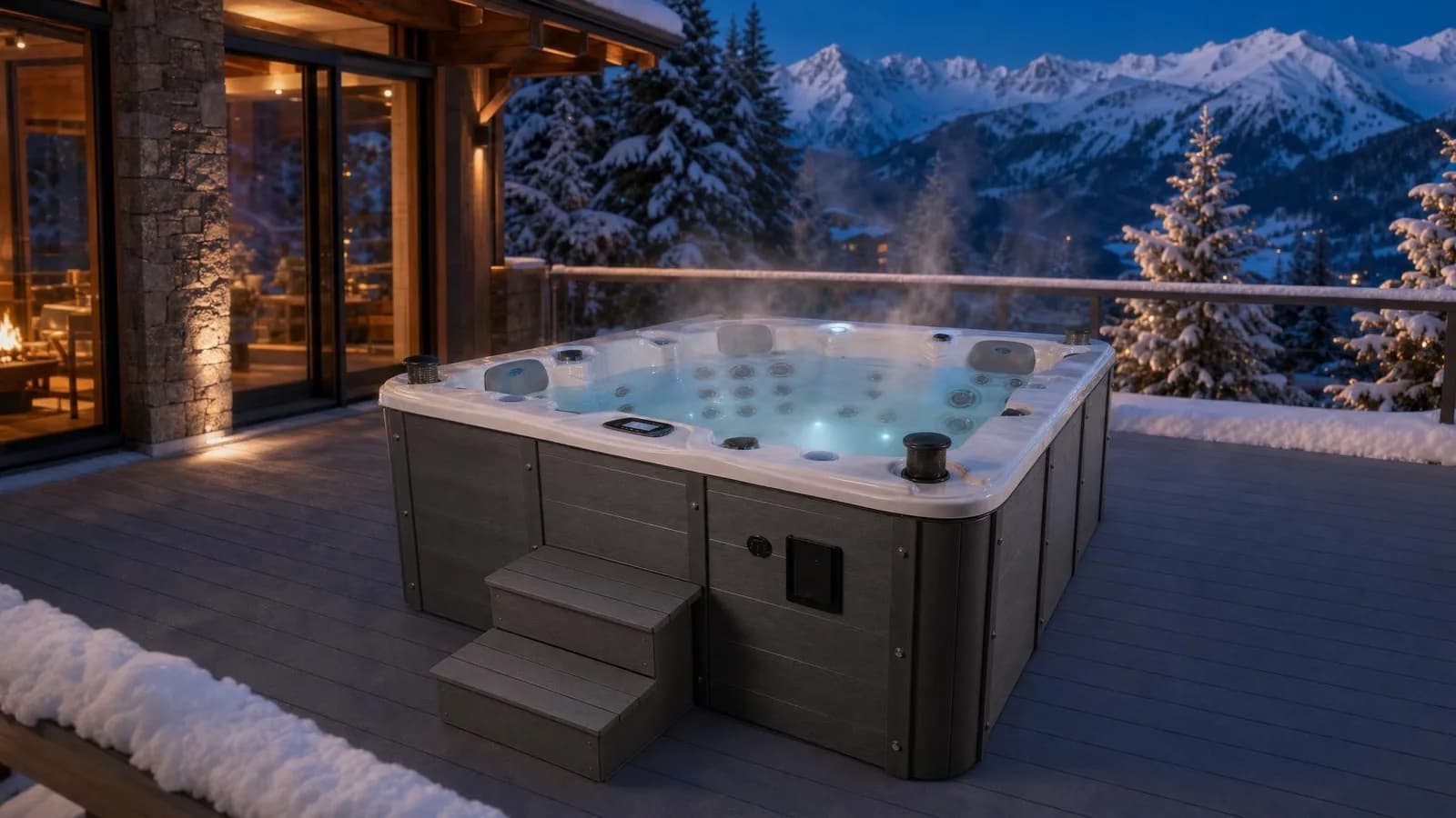 Spa WaterDay Ottawa sur la terrasse d'un chalet enneigé au crépuscule, vapeur sur l'eau chaude