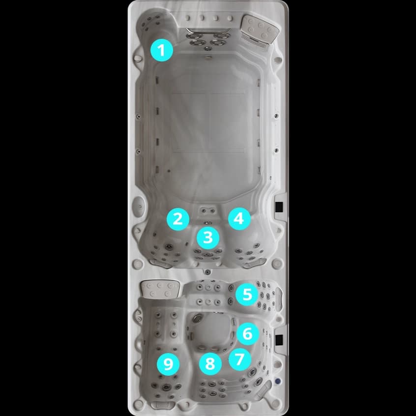 Schéma des zones de massage du spa Waterloo 600-2CL