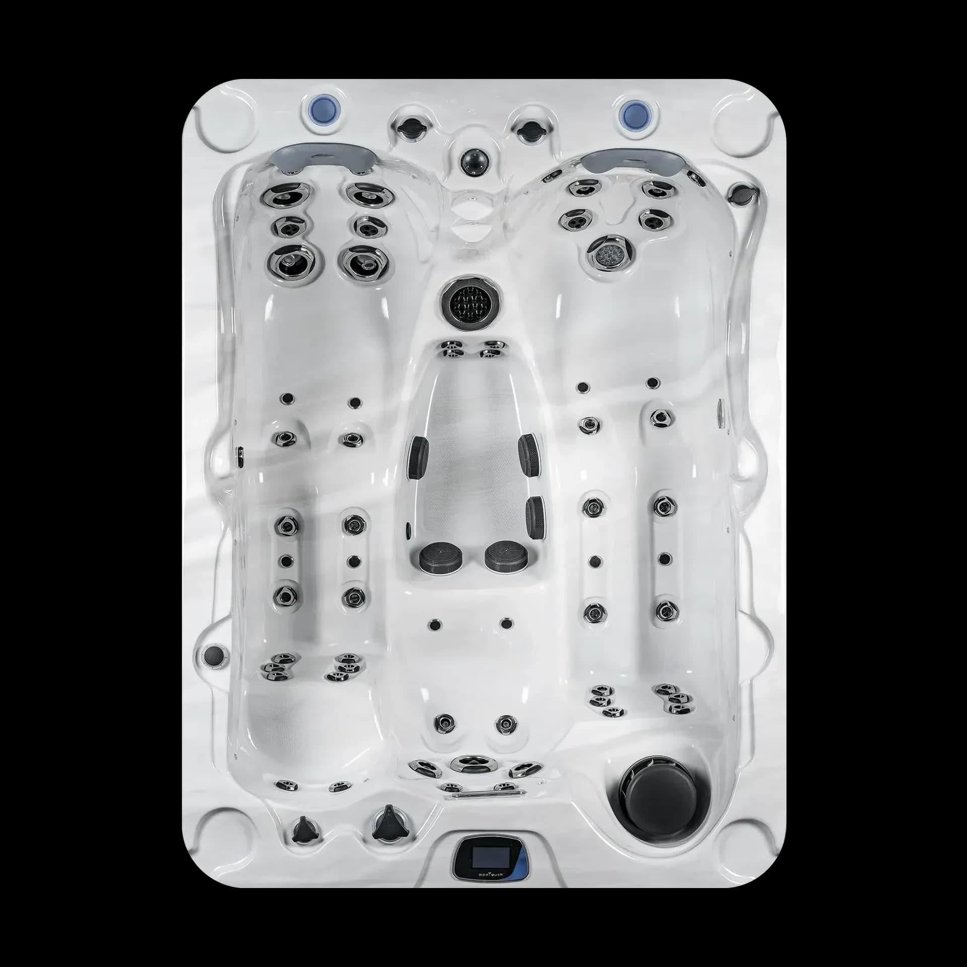 Spa Montana éco plug and play vu de dessus, coque blanche, trois places dont une allongée