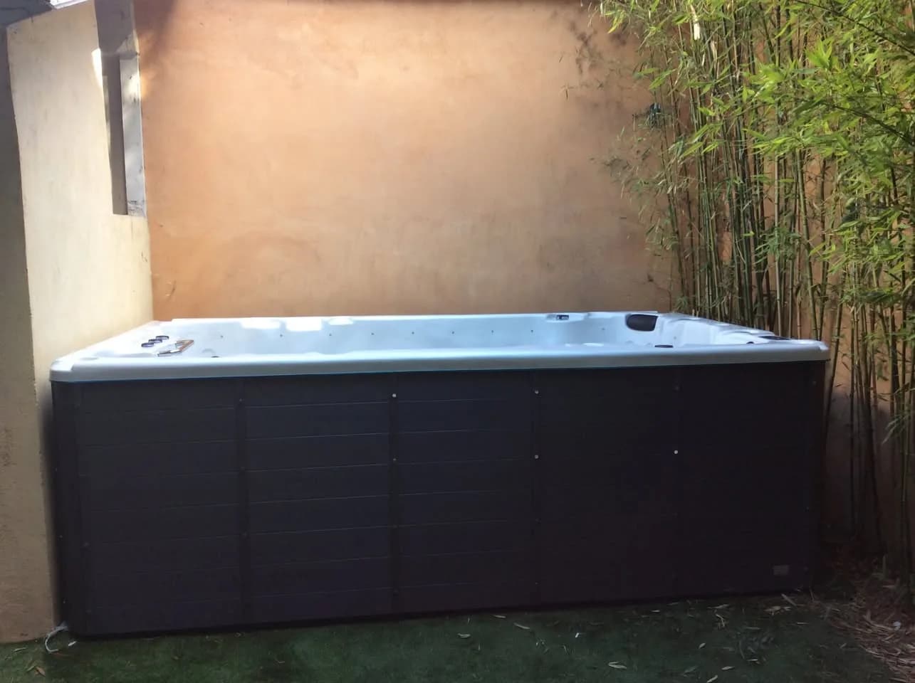 Installation d'un spa de nage Waterloo 390 à Villeurbanne, contre un mur bordé de bambous