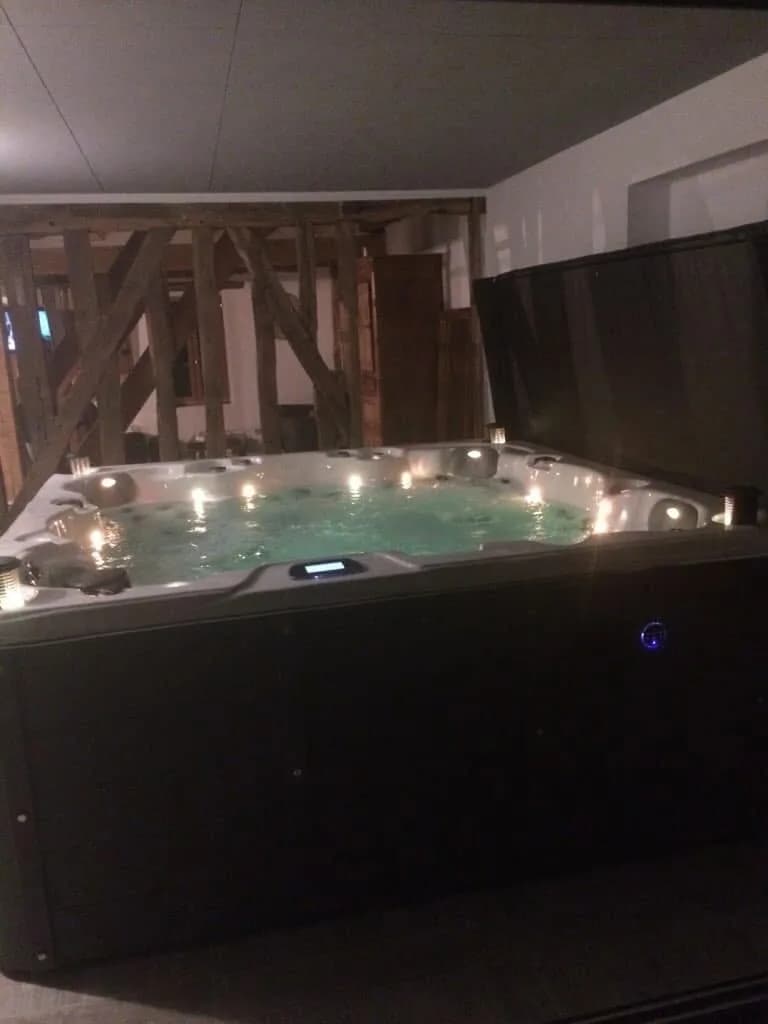 Installation d'un spa Montréal dans le Loiret, sous une charpente en bois, éclairage LED