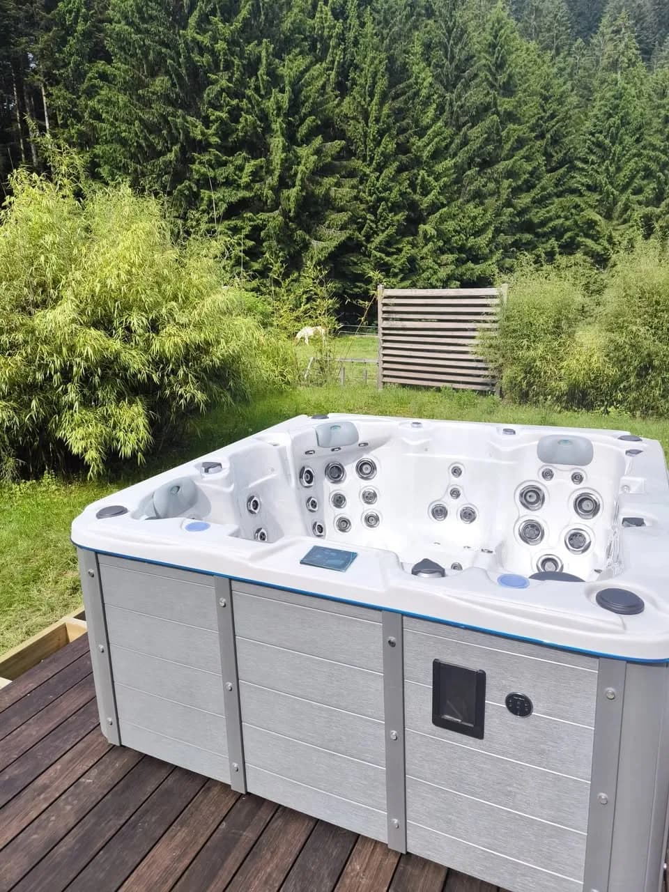 Installation d'un spa Ottawa à Gérardmer, sur une terrasse en bois face à la forêt