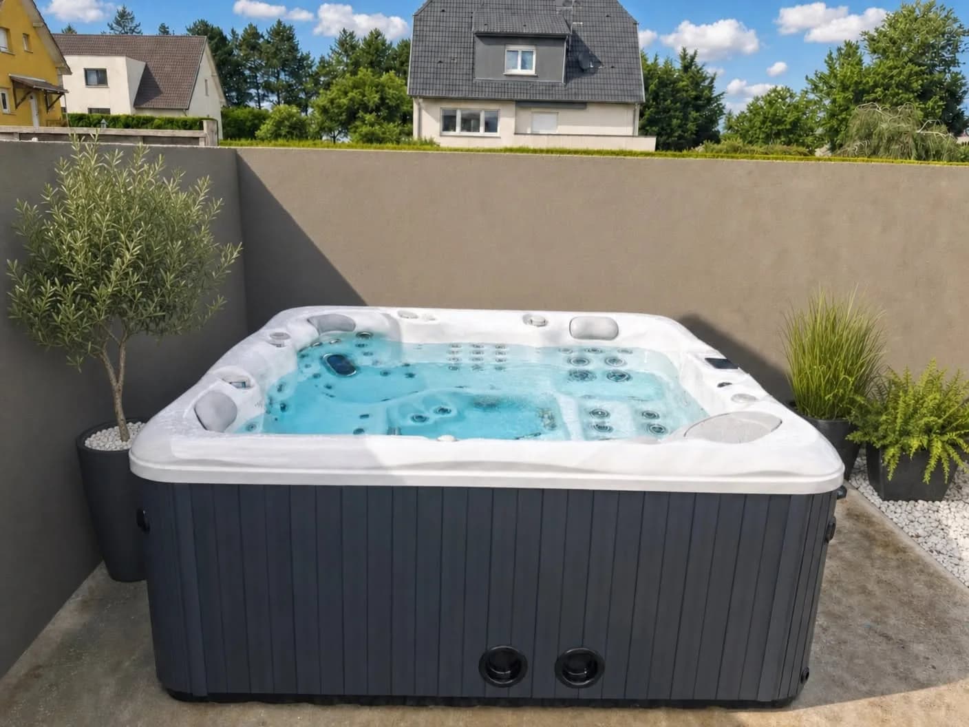 Installation d'un spa Poséidon Full option à Wittenheim, dans une cour fermée, entre des oliviers en pot