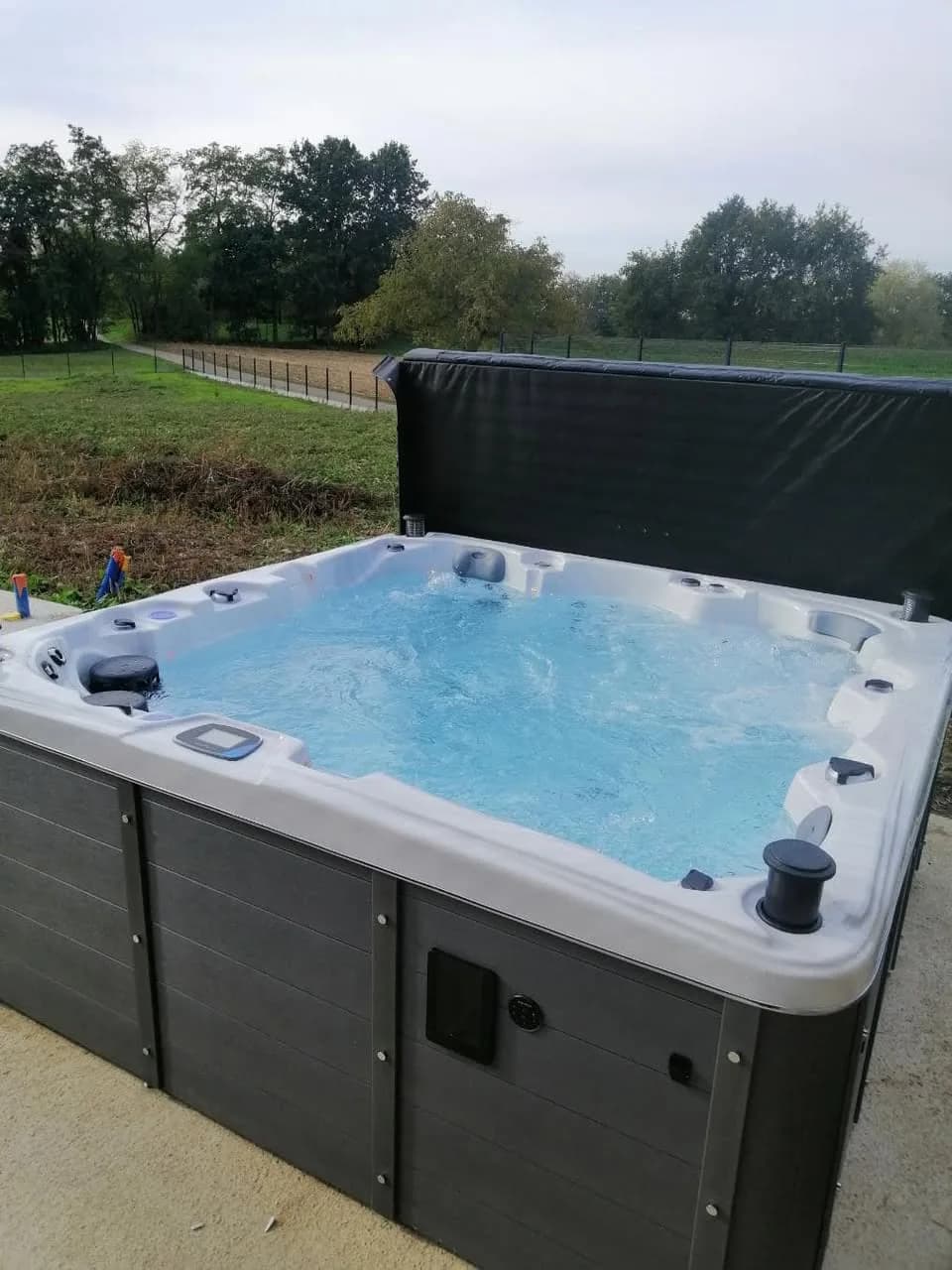 Installation d'un spa Sydney Full option à Andolsheim, dans un jardin, lève-couverture