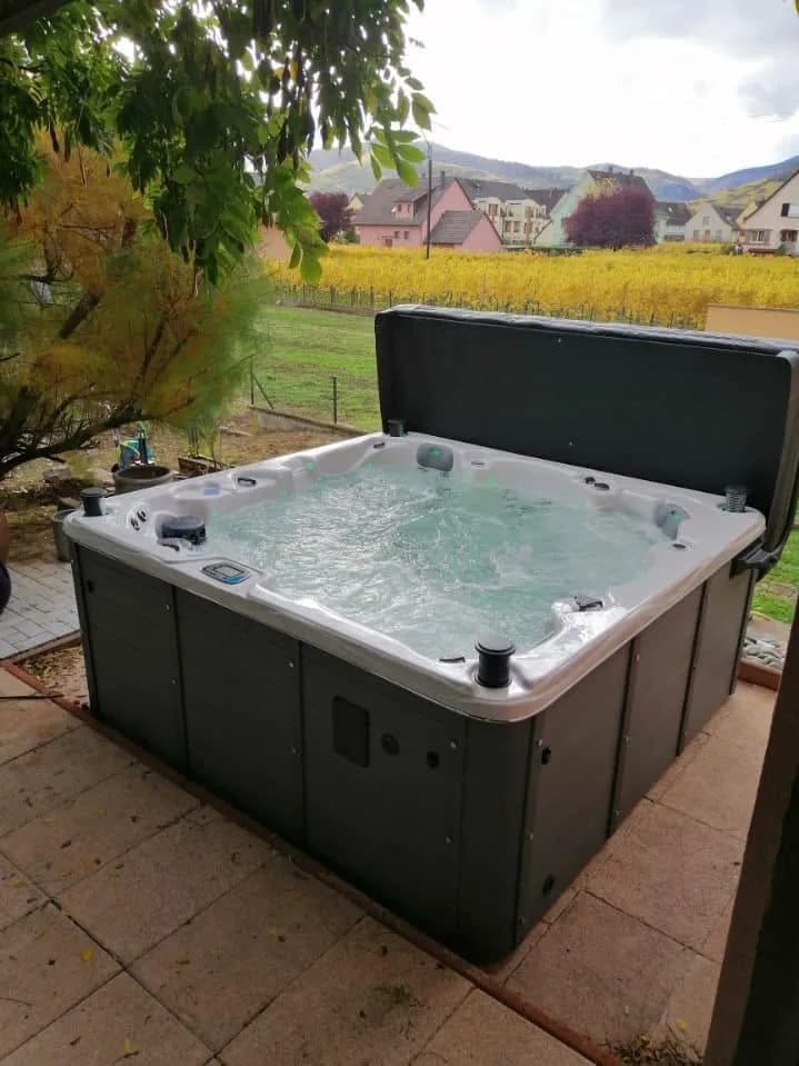 Installation d'un spa Vancouver Full option à Kaysersberg Vignoble, sur une terrasse pavée, vue sur les vignes