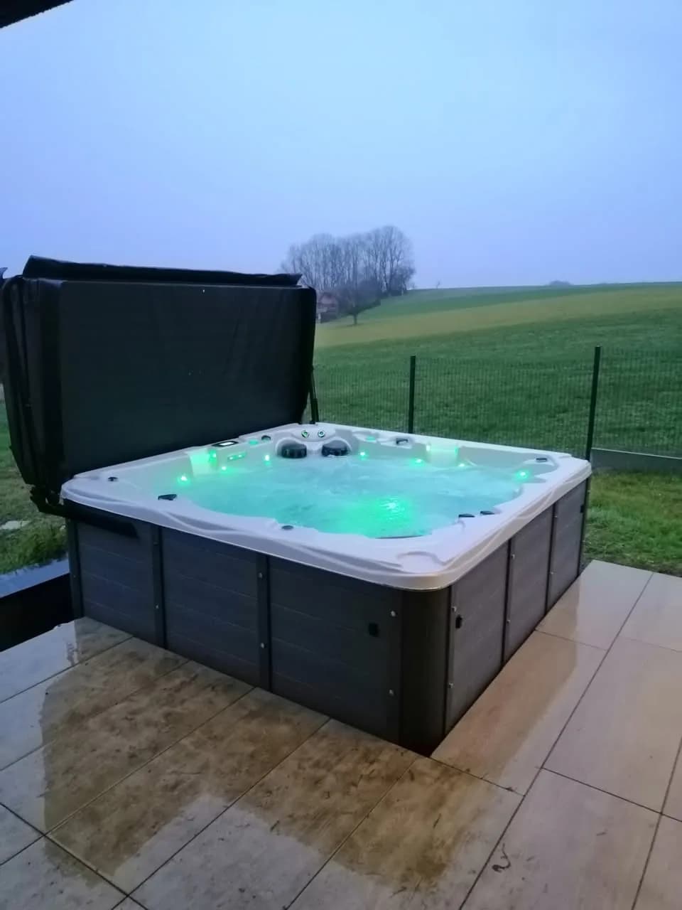 Installation d'un spa Vancouver à Muespach-le-Haut, sur une terrasse carrelée face aux prés