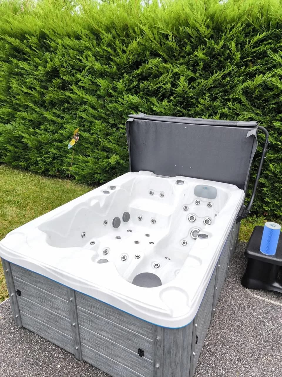 Installation d'un spa Victoria Duel à Offemont, devant une haie de thuyas