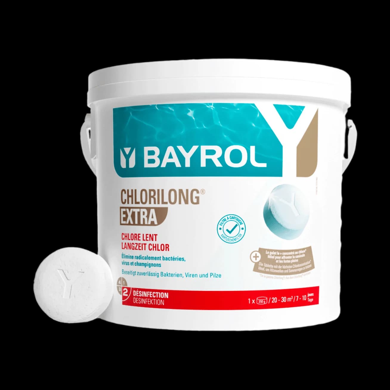 Seau de 5 kg de Chlorilong Extra Bayrol, galets de chlore lent concentré de 250 g pour piscine