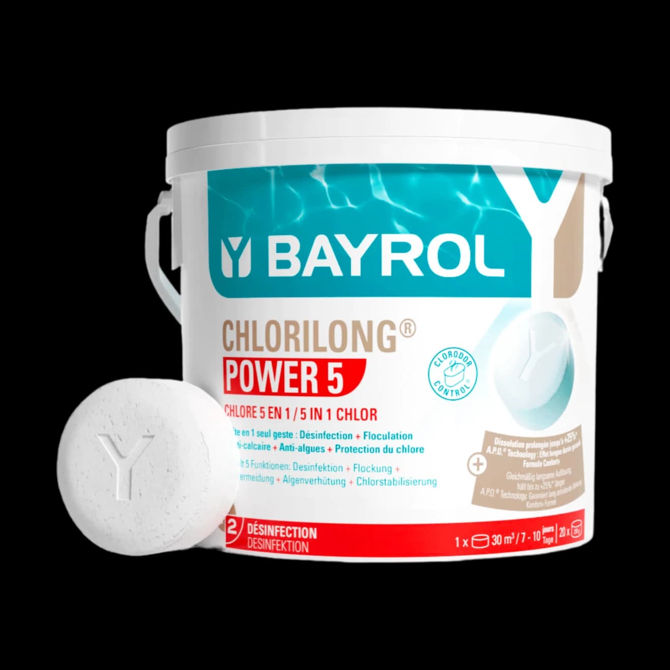 Seau de 5 kg de Chlorilong Power 5 Bayrol, galets de chlore multifonction de 250 g pour piscine