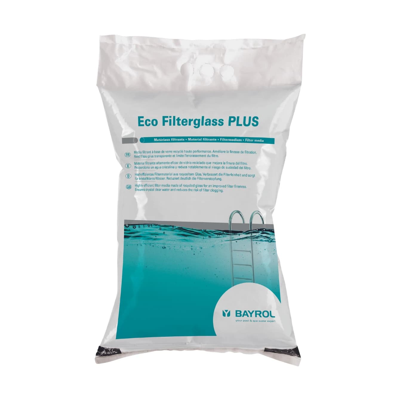 Visuel de présentation d'Eco Filterglass Plus Bayrol, verre filtrant recyclé pour filtre à sable de piscine