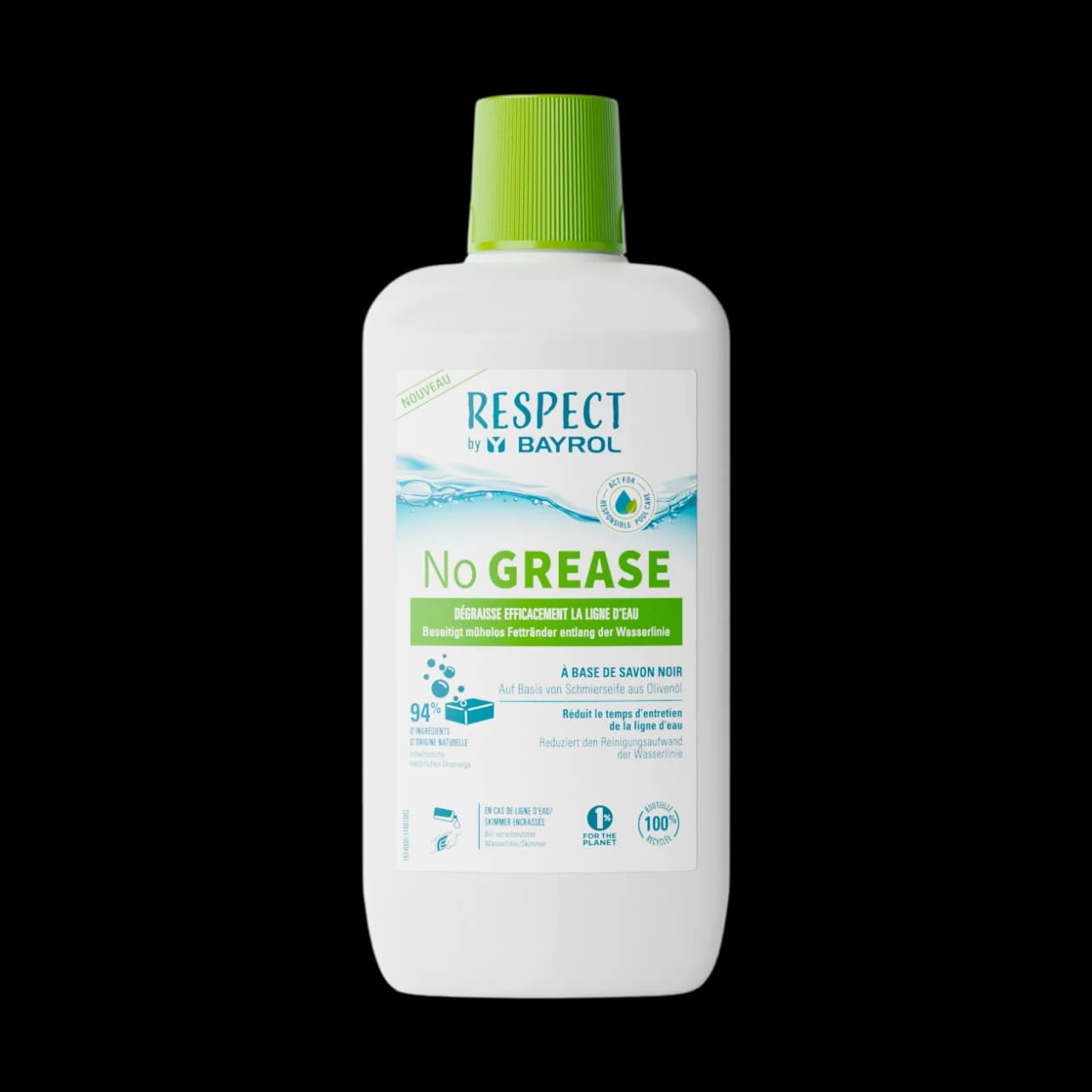Flacon de 1 L de No Grease Respect by Bayrol, nettoyant au savon noir pour la ligne d'eau et les skimmers