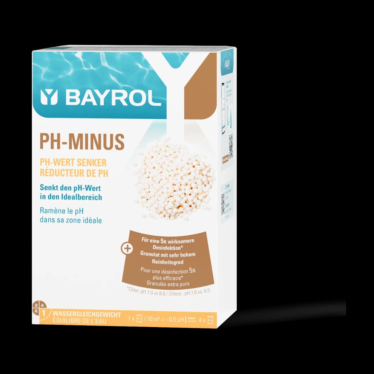 Boîte de 4 sachets de 500 g de pH-Minus Bayrol, granulés prédosés pour baisser le pH de la piscine