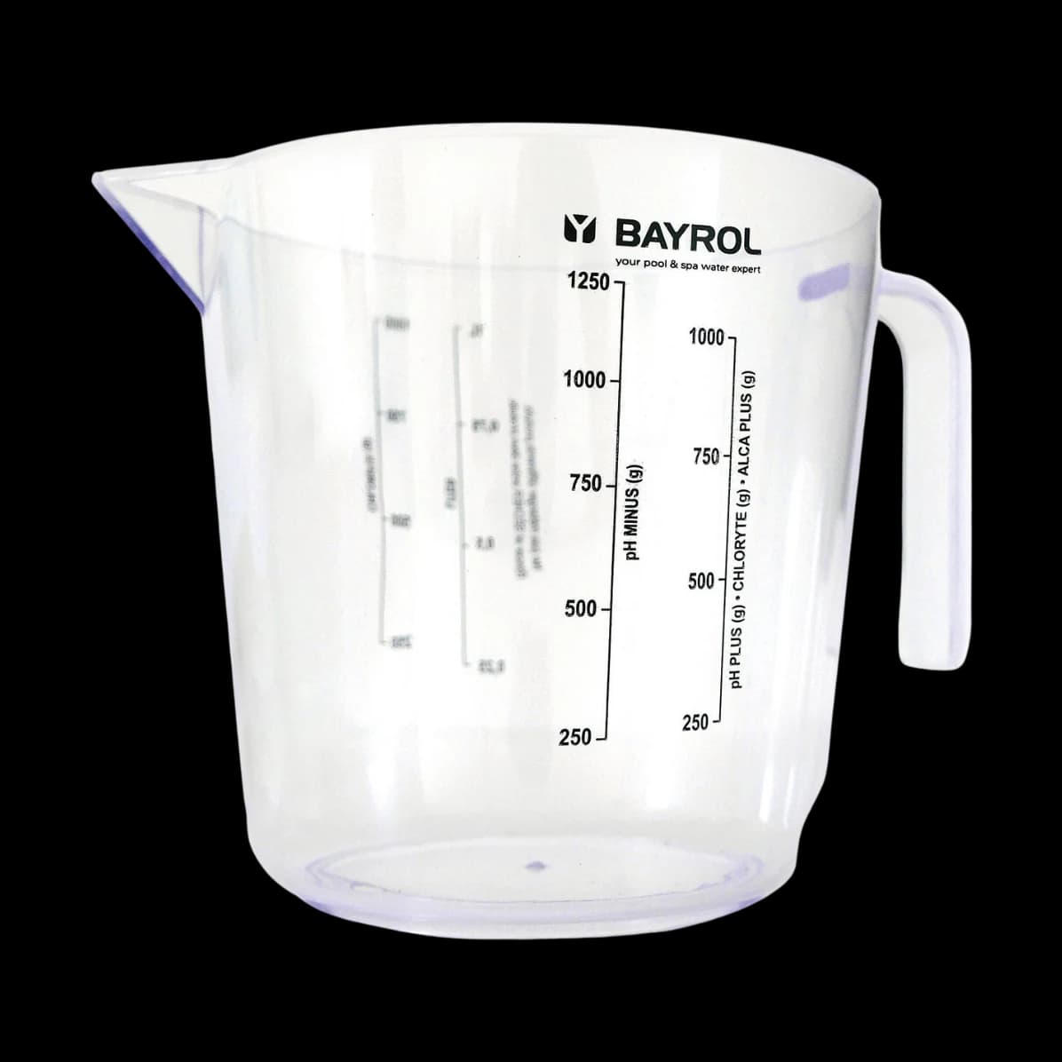 Pot doseur gradué de 1 L Bayrol en plastique, avec graduations en kilos et en litres pour doser les produits