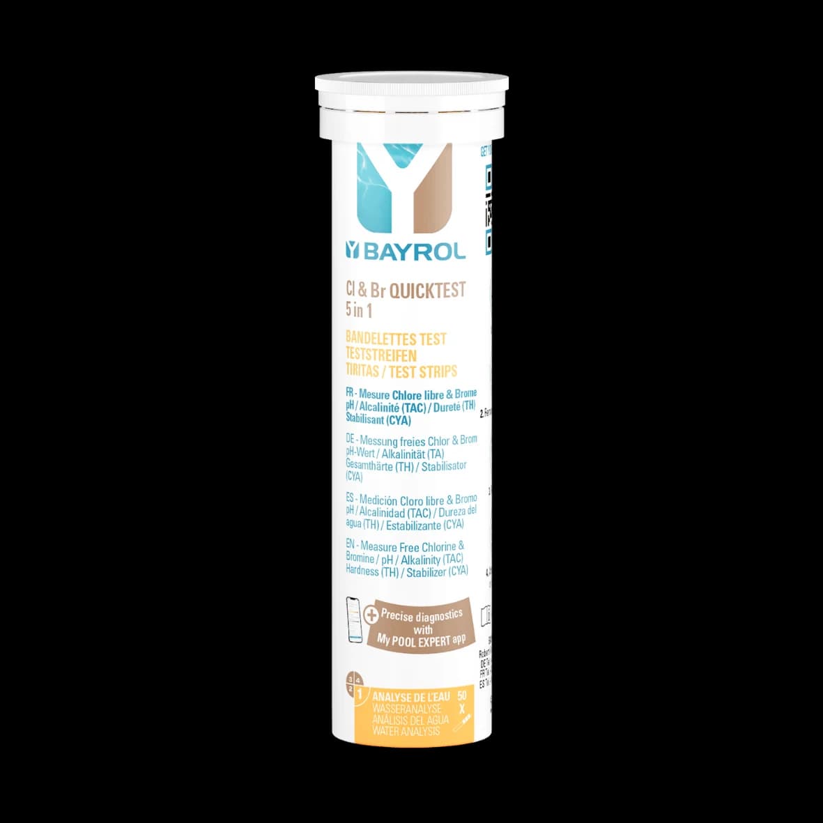 Tube de 50 bandelettes Quicktest 5 en 1 Bayrol pour tester chlore ou brome, pH, TAC, dureté et stabilisant