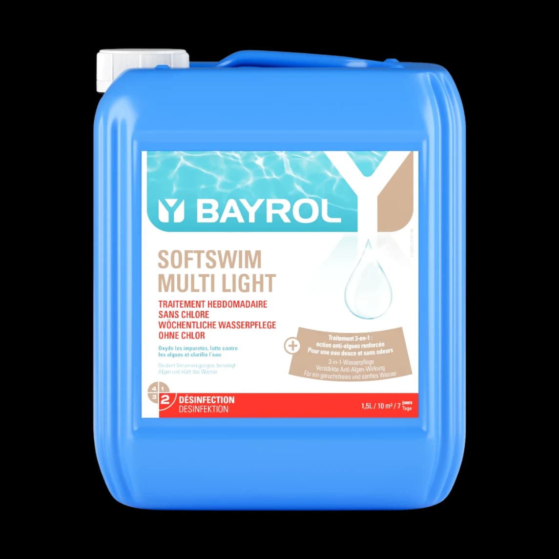 Bidon de 10 L de Softswim Multi Light Bayrol, oxygène actif liquide multifonction pour piscine