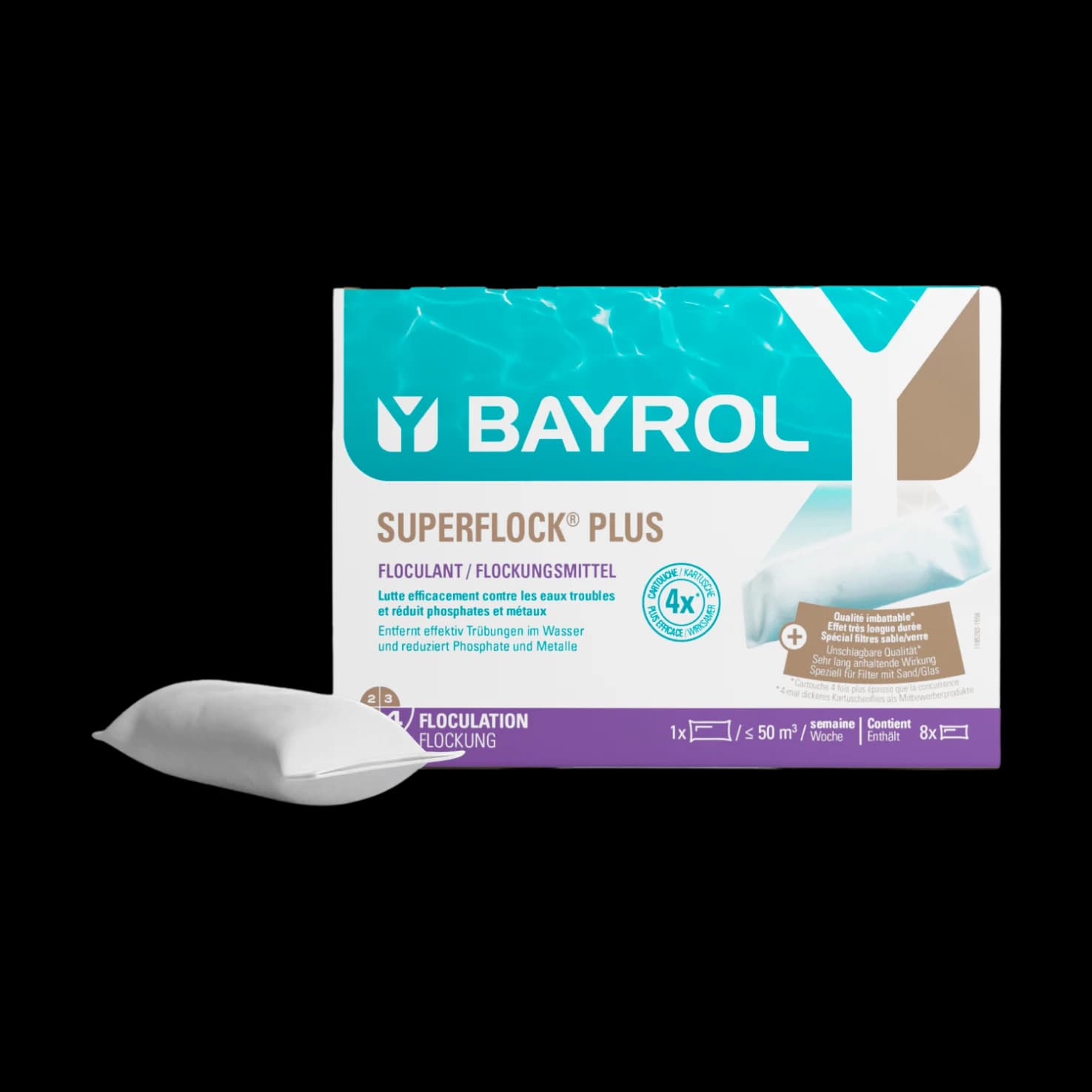 Boîte de 1 kg de Superflock Plus Bayrol, huit cartouches de floculant pour filtre à sable