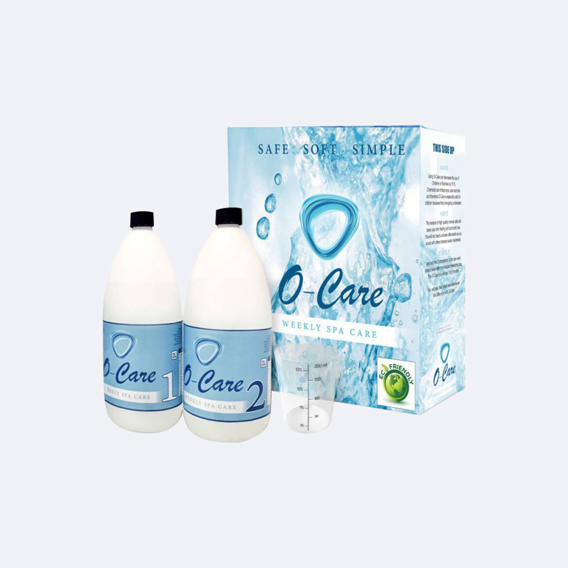 Kit O-Care : deux bidons de deux litres numérotés 1 et 2, leur boîte et le gobelet doseur gradué