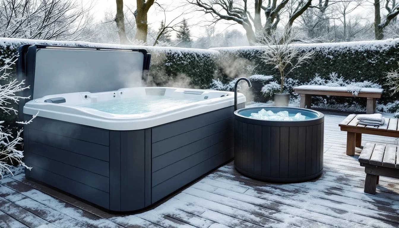 Un bain froid et un spa fumant côte à côte sur une terrasse en bois, un matin d'hiver