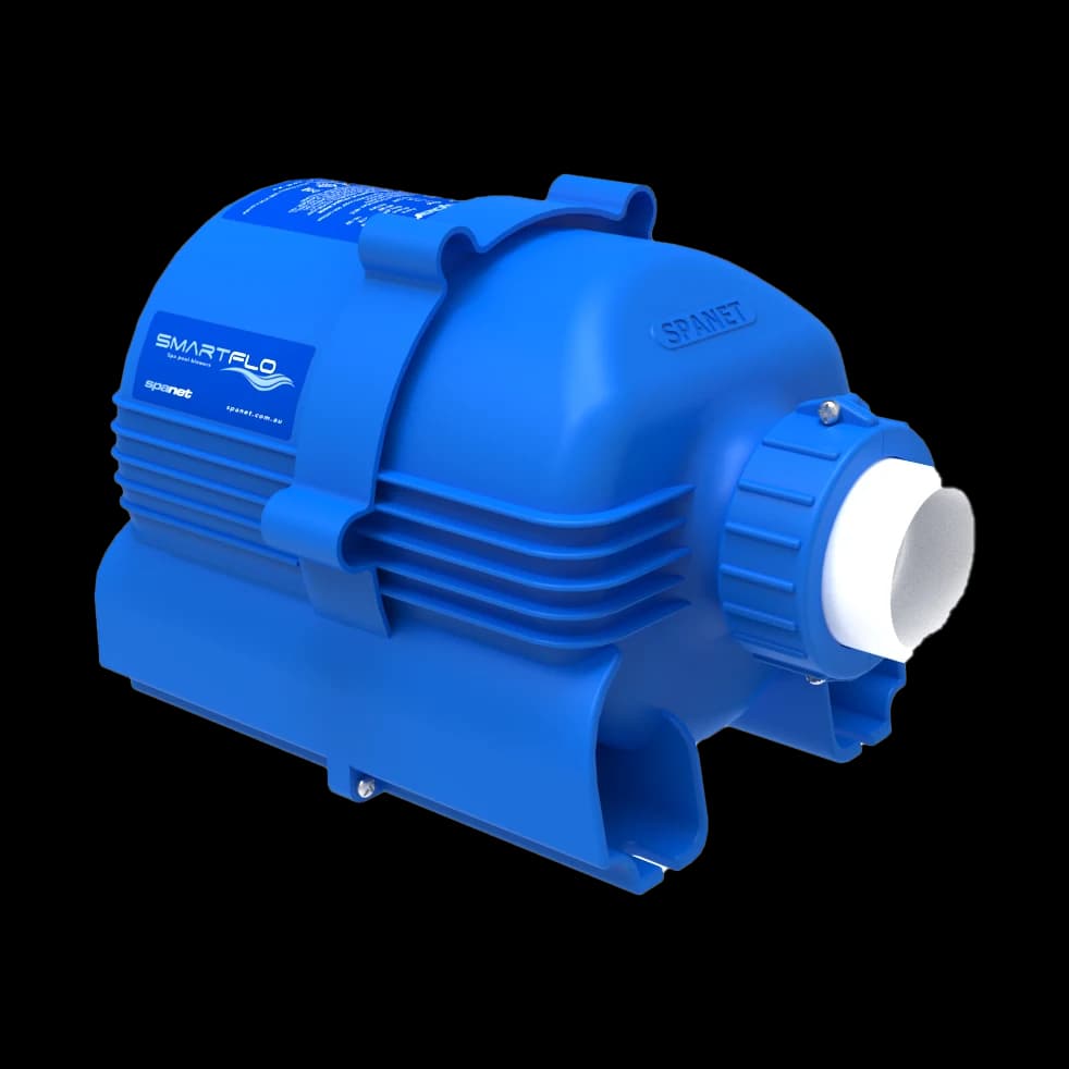 Blower SpaNet SmartFlo SA10 vu de trois quarts, soufflerie bleue sur son berceau, sortie blanche de 40 mm