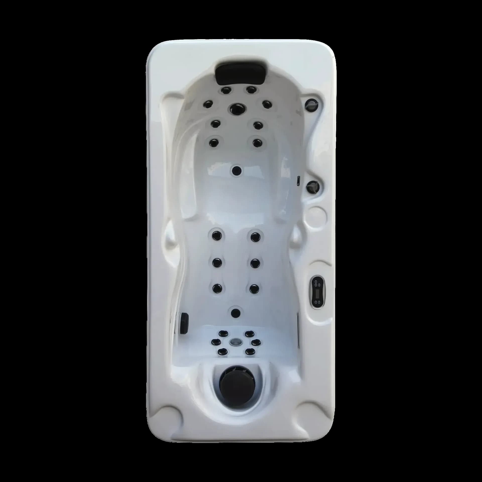 Spa Napoli vu de dessus, une place allongée, coque acrylique blanche et jets noirs