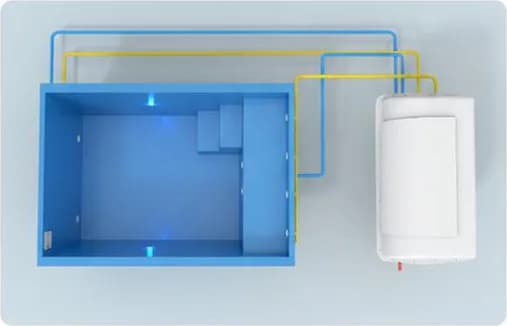 Schéma hydraulique de la Pocket-In-Pool vu de dessus : la coque reliée au local technique par les tuyaux PVC pression