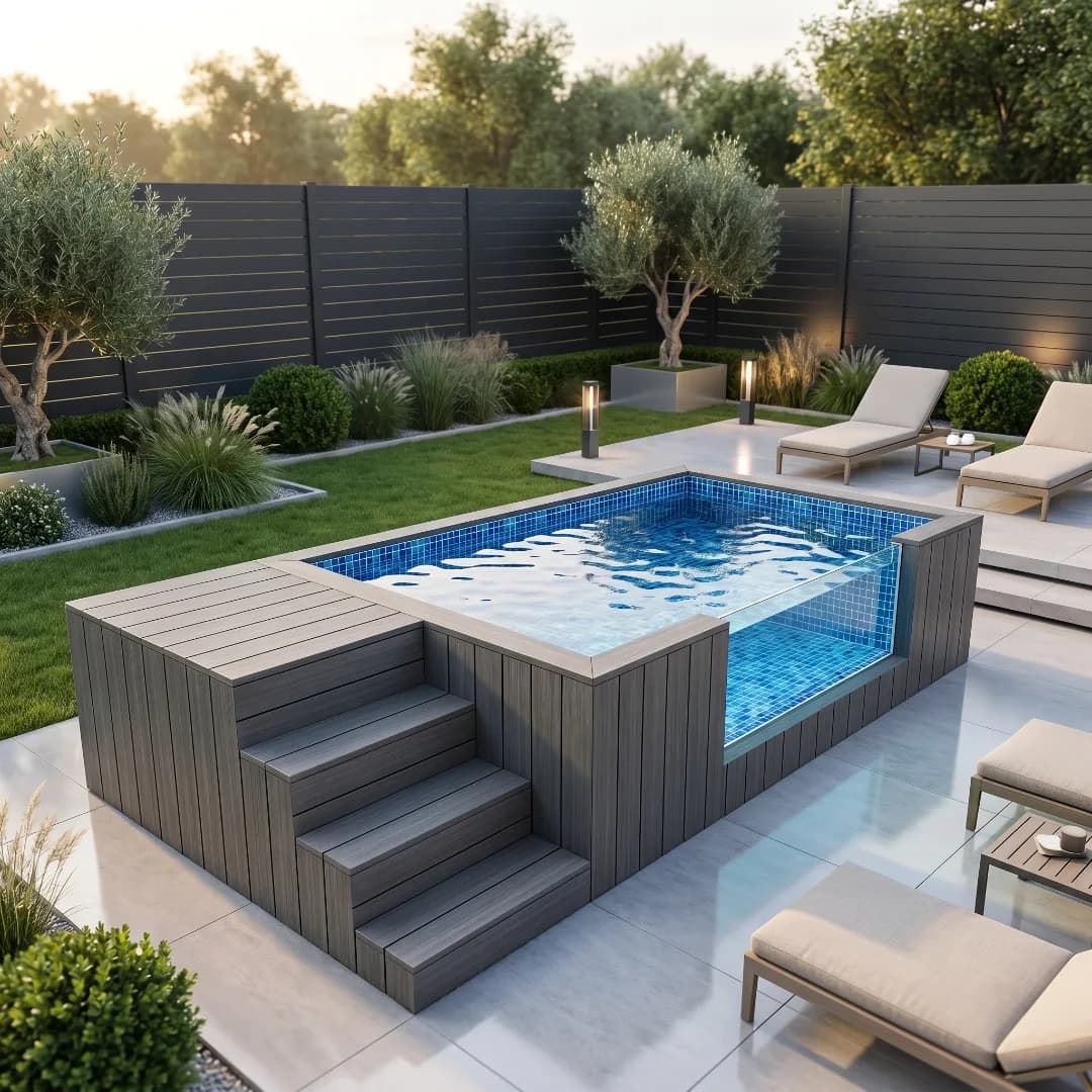 Piscine Pocket-Pool hors-sol posée sur une terrasse, paroi vitrée éclairée, habillage composite gris et escalier d'accès