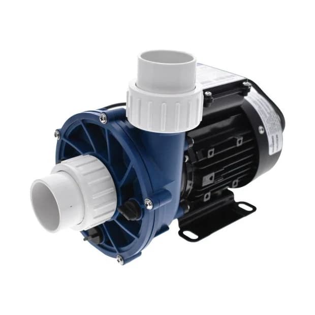 Pompe de circulation Gecko Maelstrom CMS-1 vue de trois quarts, corps bleu et moteur noir, raccords blancs de 1,5 pouce