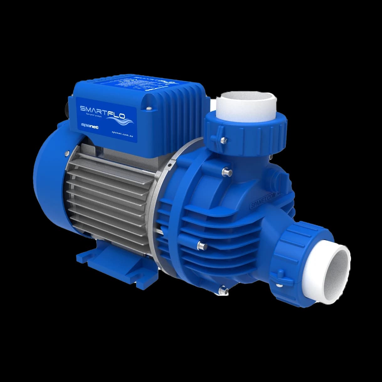 Pompe de circulation SpaNet SmartFlo SC05 vue de trois quarts, corps bleu et moteur aluminium, raccords blancs de 40 mm