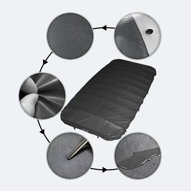 Roll-up de spa en toile enduite grise, entouré de gros plans sur le tissage de la toile, la couture du bord, la mousse en coupe, la résistance à la perforation et le perlage de l'eau en surface