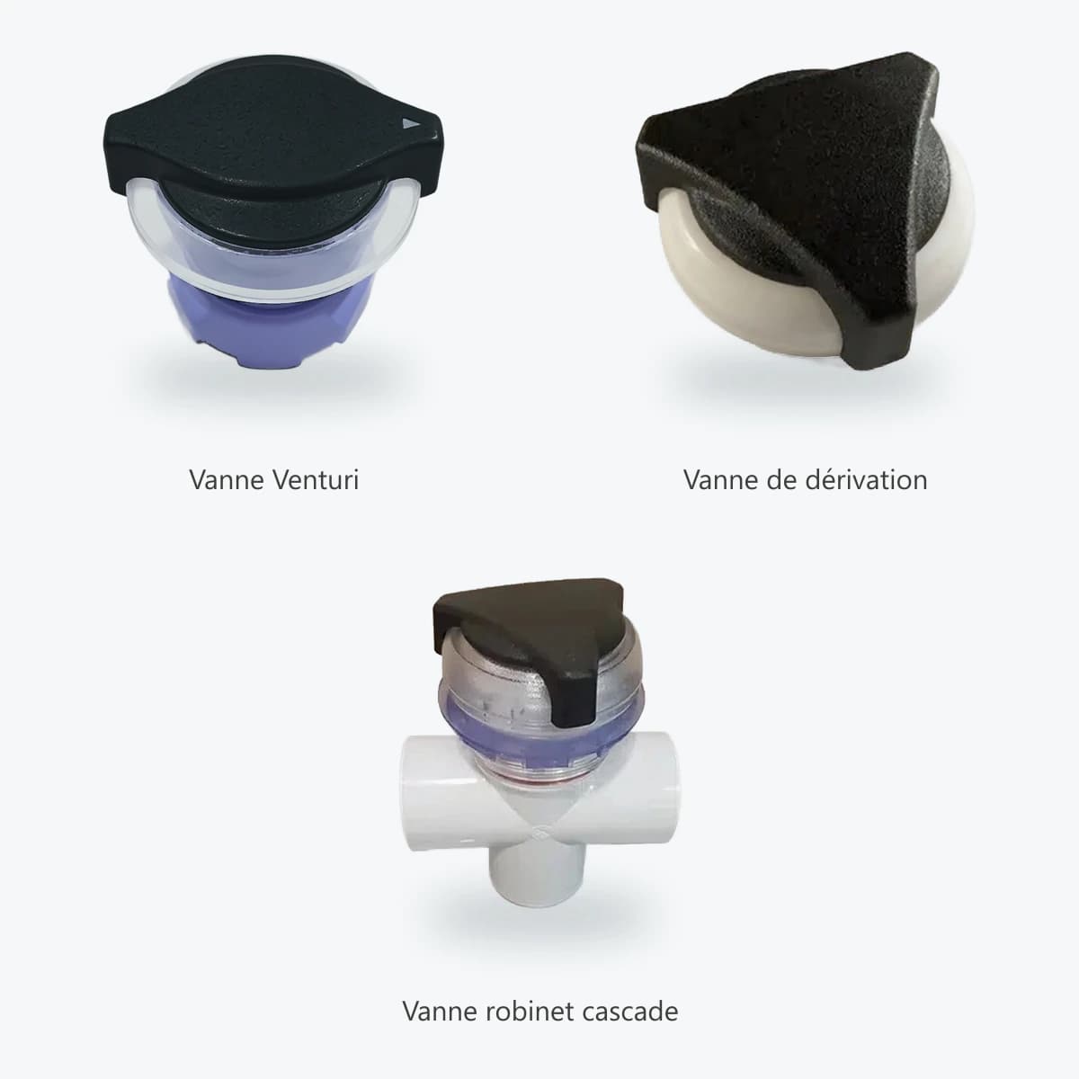 Trois vannes de spa Groupe L'Espadon sur fond clair : vanne Venturi à bouton noir, vanne de dérivation, et vanne robinet cascade montée sur son té en PVC