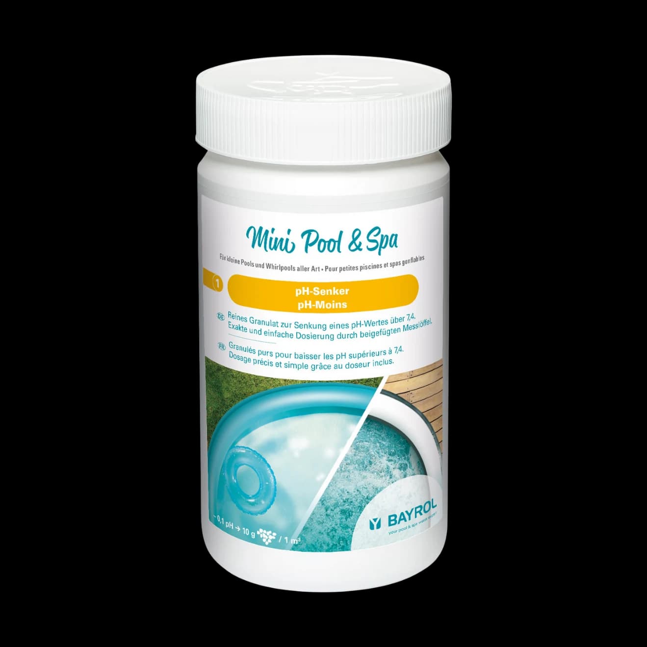 Boîte de 1,5 kg de pH-Moins Mini Pool & Spa Bayrol, granulés pour baisser le pH des petits bassins